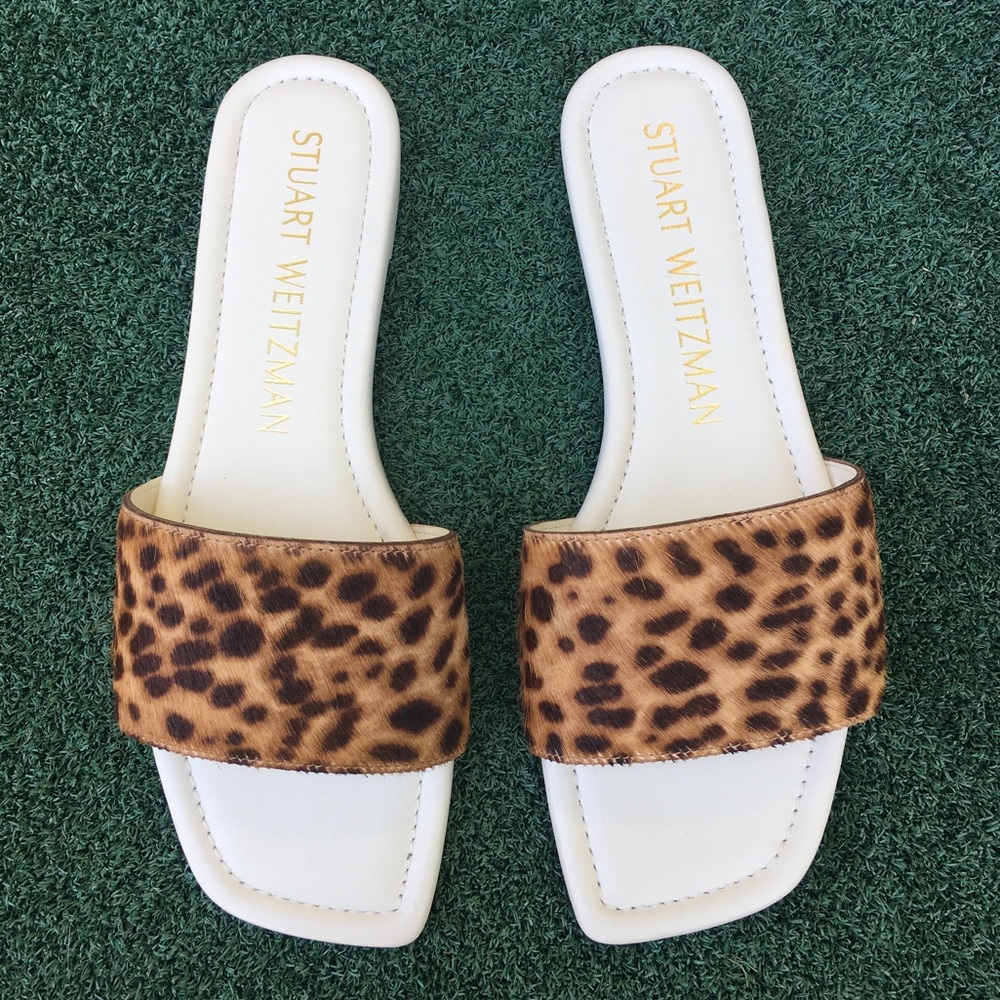 NWT Stuart Weitzman Summer Slide Sandal Cheetah Print Calf Hair Cream 8.5